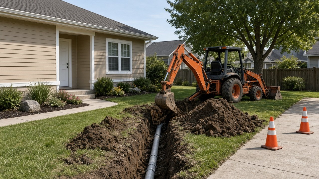 Backhoe excavating a residential sewer line in a front yard