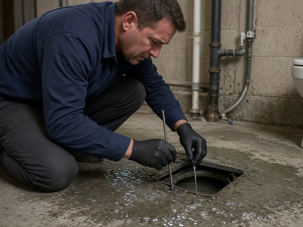 Technician clearing a backed-up floor drain in a basement